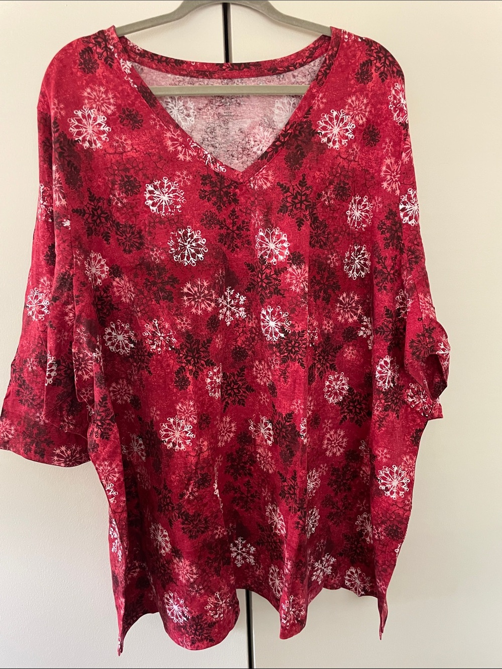 Woman Within Red V-Neck Snowflake Print Top